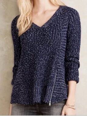 Moth by Anthropologie Medium Navy Marled V-Neck Sweater with Side Zip
